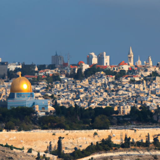 A panoramic view of the ancient city of Jerusalem with the iconic Dome of the Rock in the background