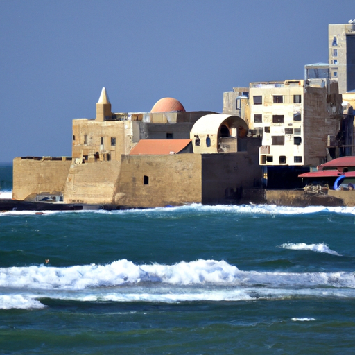 A panoramic view of the ancient city of Akko, where the old fort walls meet the blue Mediterranean sea.